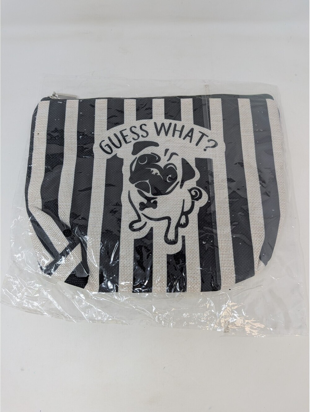 Guess What It's Pug Butt Makeup Bag Striped Canvas Cosmetic Pouch New In Plastic